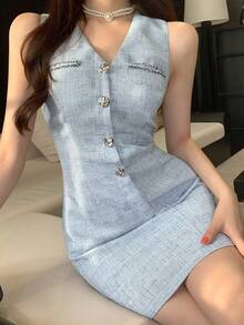 DAZY 女士V领金属纽扣无袖迷你连衣裙 夏季 - 藍色 - 查看 7