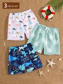 Young Boy Animal Print Drawstring Waist Beach Shorts - Multicolor - View 1