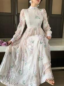 DAZY Women's Textured Fabric Printed Loose Dress With Stand Collar, Vacation Style - Pink - View 7