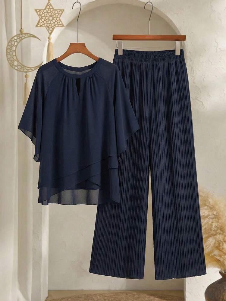 Elegant Navy Blue Chiffon Two-Piece Set For Women – Double-Layer Cape Sleeve Top & Pleated Wide Leg Pants, Perfect For Summer & Spring, Ideal For Vacation, Beach, Going Out, Casual Daily Wear, And Festival Occasions
