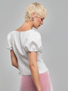 COUREZ Petal Sleeve BUTTON FRONT TEXTURED SHIRT - Beige - View 3