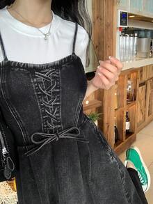 FRIFUL 女士系带褶皱时尚百搭约会/旅行牛仔吊带裙 - 藍色 - 查看 1