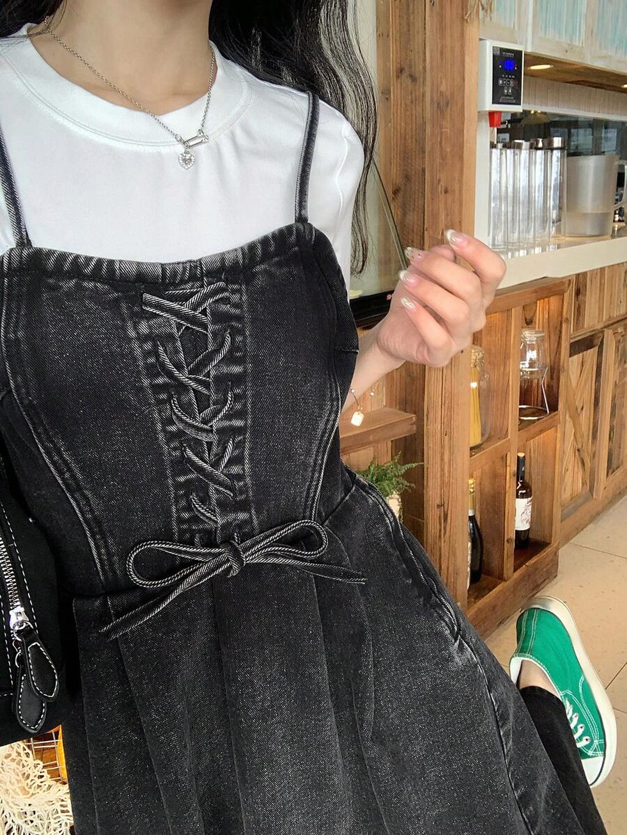 FRIFUL 女士系带褶皱时尚百搭约会/旅行牛仔吊带裙 - 藍色 - 查看 1