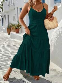 Breezaya Plus Size Solid Color Ruffle Hemline Backless Spaghetti Strap Sleeveless Dress For New Year Clothes, For Thanksgiving Maxi Women Outfit - Dark Green - View 5