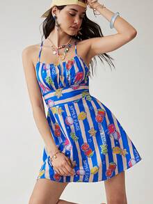 Soleia Women's Summer Vacation Striped Fruit Print Spaghetti Strap Mini Dress - Multicolor - View 3