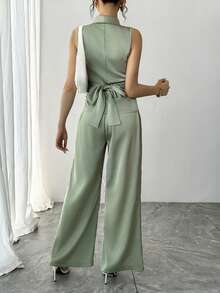 Selianne Women's Luxury Casual Pleated Sleeveless Shirt And Wide Leg Pants Set, Elegant Outfit - Green - View 2