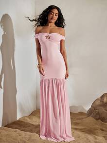 Opulessa Elegant Baby Pink Off-Shoulder Mesh Dress For Women,Formal Summer Wedding Guest,Festival Party Beach Dining Solid Color Vacation Dress - Pink - View 5