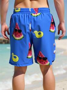 Manfinity Swimmode Men's Casual Watermelon Print Beach Shorts - Blue - View 2