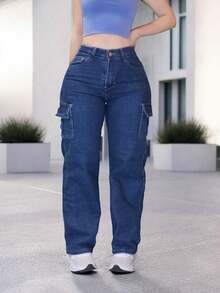 Pantalón Jeans de Mezclilla Estilo Cargo con Bolsillos laterales High Waist corte recto - Stone americano - Ver 3