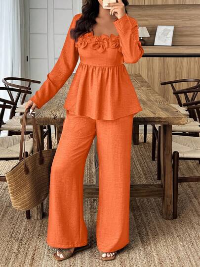 Elenzga 2件套加大码女式圆领荷叶边下摆花卉装饰裤装套装，秋冬款