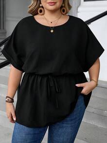 SHEIN CURVE+ 大码圆领蝙蝠袖休闲纯色衬衫，骄傲生活，LGBTQ女同性恋骄傲，女性骄傲，彩虹骄傲礼物，骄傲月可打印，女士夏季上衣，夏季上衣，度假女士，外出上衣，乡村音乐会，可爱夏季上衣/2026/新年 - 黑色 - 查看 6