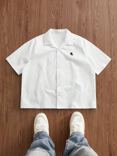 EASEVO Camisa de manga corta de uso diario versátil y casual con bordado de caballero para hombres de talla grande