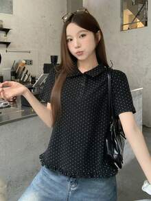 DAZY 女士清新韩风波点图案 Polo 领短袖衬衫 夏季 - 黑色 - 查看 6