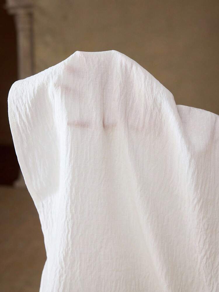 FASHIONABLE DESIGN FAUX HEAVY EMBROIDERY LINEN-LOOK V-NECK TASSEL DRAWSTRING ACCENT 3/4 SLEEVE BLOUSE