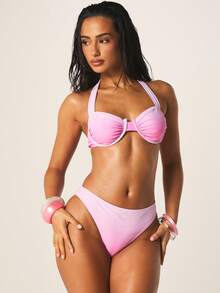 MISSGUIDED Two Piece Ombre Halter Bikini Set With Sweetheart Neckline And High Rise Bottom For Summer Beach - Pink - View 1