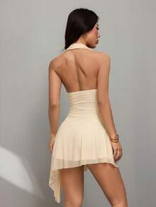 SHEIN PETITE Đầm ngắn hở lưng cổ yếm gợi cảm thanh lịch dành cho nữ, thích hợp cho mùa hè. - Vàng nhạt - Xem 2