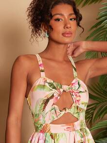 Travachic Women's Tropical Plant Print Casual Everyday Jumpsuit,Tropical,Bohemia,Werstern,Tropical Parrot Pattern,Suitable For Summer Vacation,Beach Outfits For Women - Multicolor - View 1