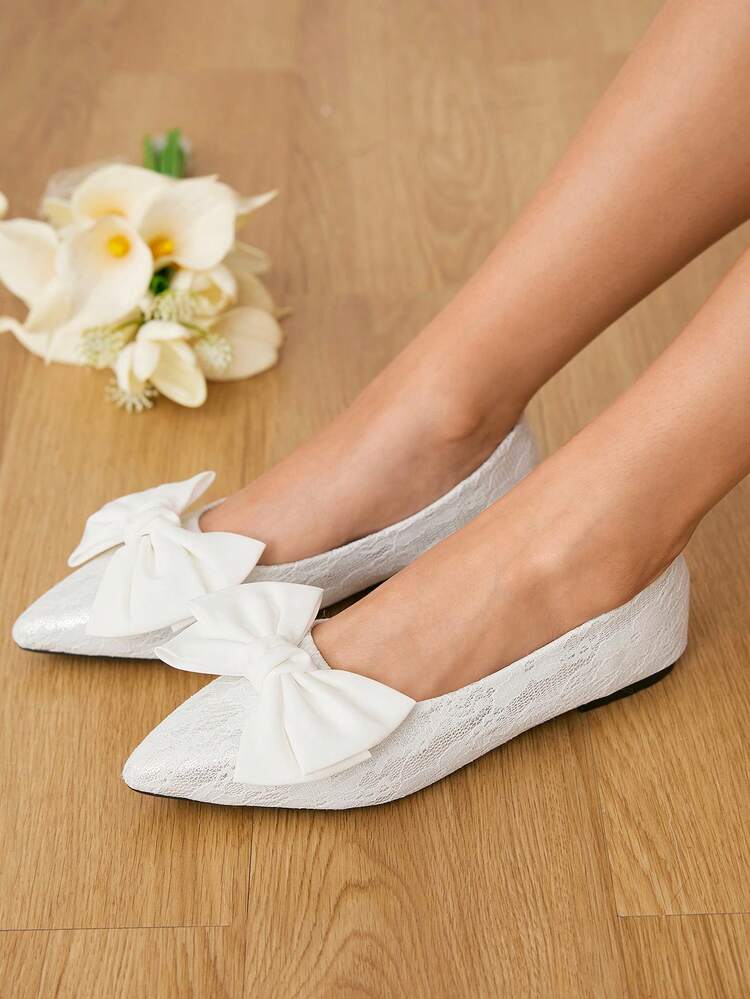 CUCCOO HITCHD Women's Flat Pointed Toe Floral Mesh Bow Slip-On Casual Comfortable Loafers Wedding Shoes Spring Shoes Bride Shoes
