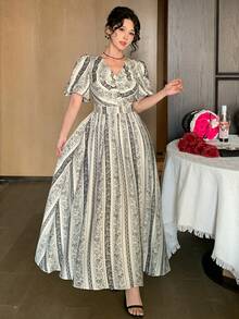 DAZY 女士优雅印花花瓣袖扭结连衣裙，夏季 - 黑與白 - 查看 4