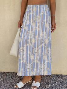 Livesso Textured Hollow Blue Floral & Geometric Print Bohemian Casual Vacation Beach Waisted Elegant Commuter Denim Skirt For Women, Spring & Summer - Mint Blue - View 1