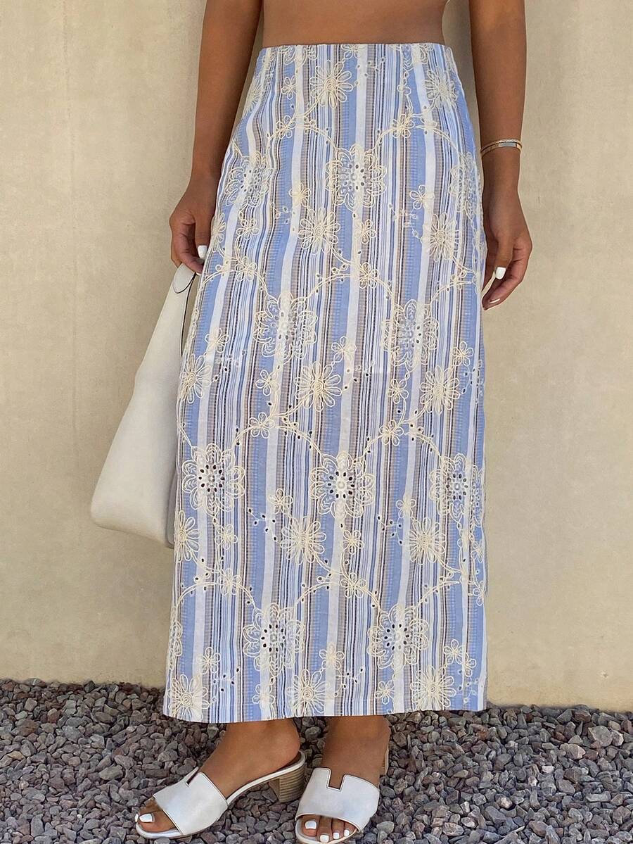 Livesso Textured Hollow Blue Floral & Geometric Print Bohemian Casual Vacation Beach Waisted Elegant Commuter Denim Skirt For Women, Spring & Summer - Mint Blue - View 1