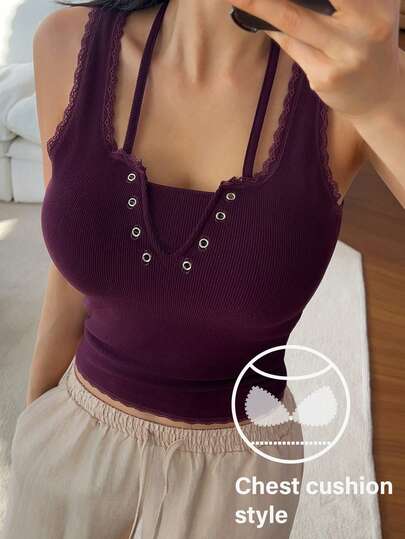 DAZY Lace Patchwork Halter Tie-Up Self-Padded Camisole Top For Women