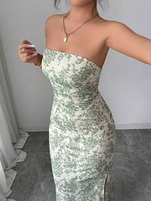 Rafferiza Women's Elegant Ruched Tie Dye Mesh Print Cinched Waist Strapless Party Split Dress - Green - View 3