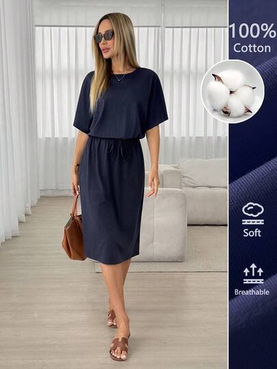 Easowa Women Cotton Midi Dresses Vacation Outfits Women,Casual Clothes Dark Blue Dress Drawstring Waist Dress Women's Casual Dress Midi Casual Dress Short Sleeve Casual Dress Casual Cotton Dress Casual Short Sleeve Dress Cotton Casual Dress Navy Casual Dress