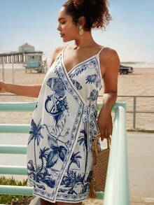 Travachic 大码热带印花系带吊带连衣裙，休闲度假风 - 藍白色 - 查看 6
