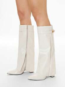 Glitzique 2025秋冬春夏新款欧美尖头高筒女靴，修身直筒，坡跟骑马靴 - 米色 - 查看 2