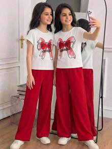 SHEIN Tween女孩休閒度假風 3D蝴蝶結裝飾卡通3D蝴蝶結印花 寬鬆蝙蝠袖圓領套頭T恤與寬鬆長褲套裝 紅色 - 紅色 - 查看 5