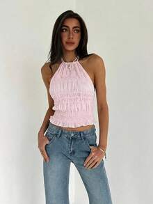 Aloruh Top de tirantes con escote halter y espalda descubierta, color rosa claro, elegante y sexy para mujer - Rosa Pálido - Ver 3