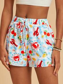 Travachic 女士腰带休闲度假龙虾印花短裤 - 藍色 - 查看 5
