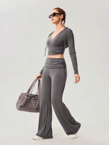 OutZeal Women Sports Hoodies Daily Casual Soft Stretch V Neck Hooded Cropped Tops - Grey - View 5