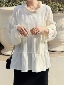 FRIFUL Solid Color Stand Collar, Back Tie Drawstring Waist Pleated Texture Loose Casual Versatile T-Shirt - Beige - View 2