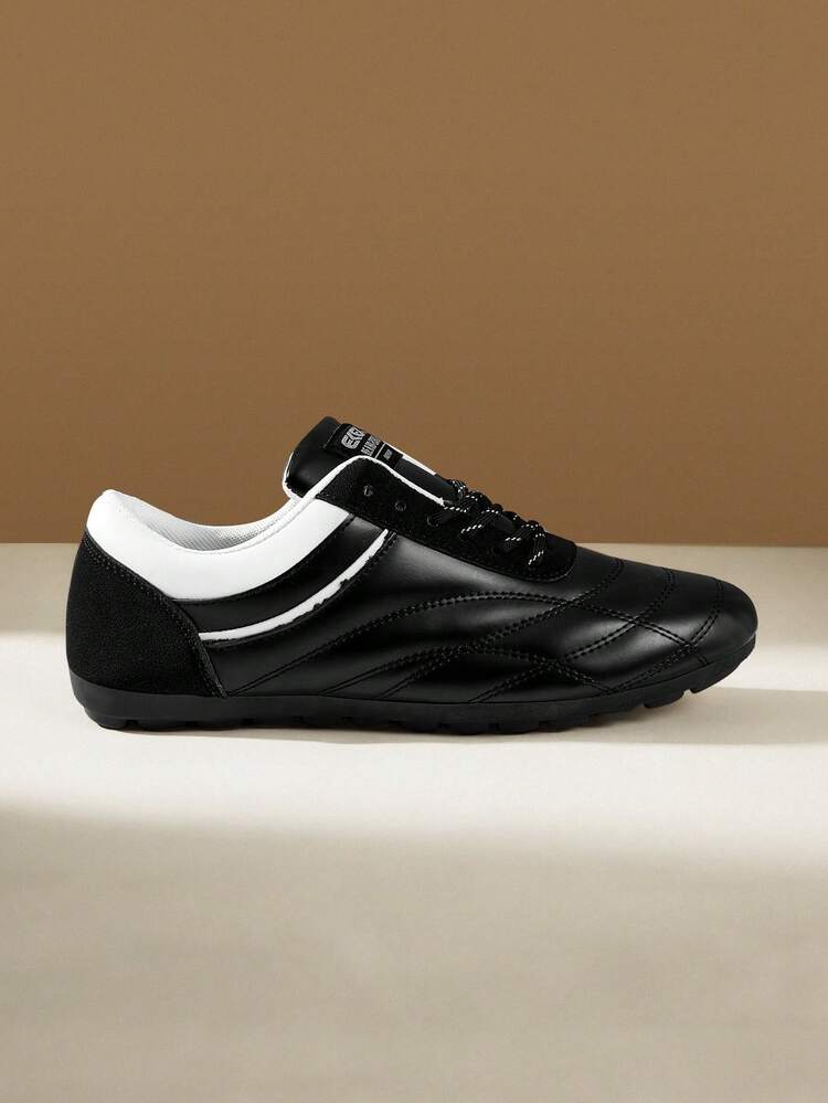 CUCCOO EASI Men's Casual Sports Shoes Lace-Up Flat Shoes, Glossy Leather Contrast Color Sneakers, Fashion All-Match Punk Style, Comfortable Durable Easy To Wear Office Shoes, Silver & Black