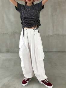 FRIFUL Camiseta holgada y versátil de manga corta con cordón, a cuadros, para mujer, primavera/verano - Gris Oscuro - Ver 3