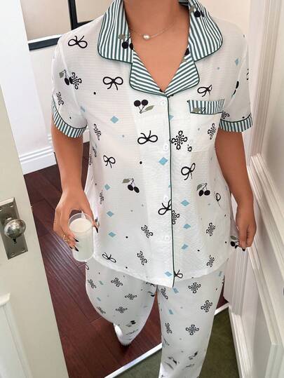 Napfluff CURVE 大码女式樱桃蝴蝶结印花短袖睡衣套装，条纹樱桃印花撞色设计，可爱韩版风格，适合居家穿着，春夏皆宜