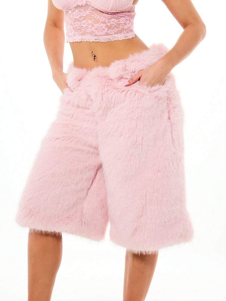 SUMWON WOMEN Women's Faux Fur Wide Leg Longline Shorts High Waisted Fluffy Textured Statement Bottoms Party Festival Winter Cozy
