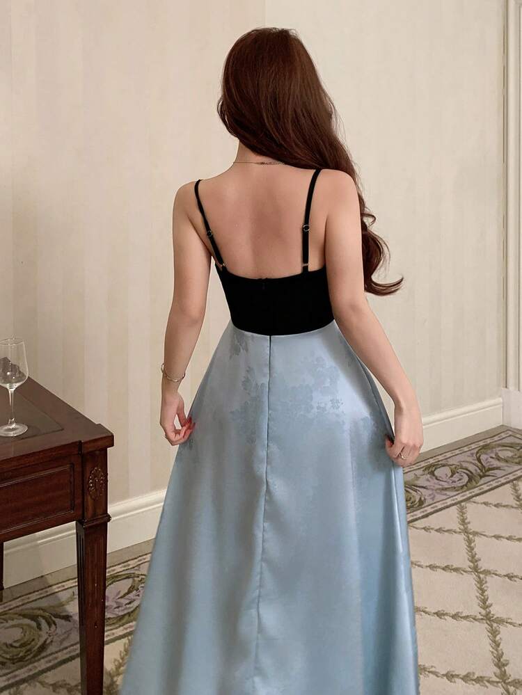 Elegant Color Block Jacquard Satin Camisole Long Nightgown With Waist Cinching For Women
