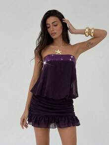 Aloruh Đầm mini ôm sát gợi cảm màu tím trơn đính sequin, phối nhiều mảng màu, dáng suông xếp nếp, thích hợp cho tiệc tùng, lễ tốt nghiệp, tựu trường, dạ hội. - Màu tím - Xem 5