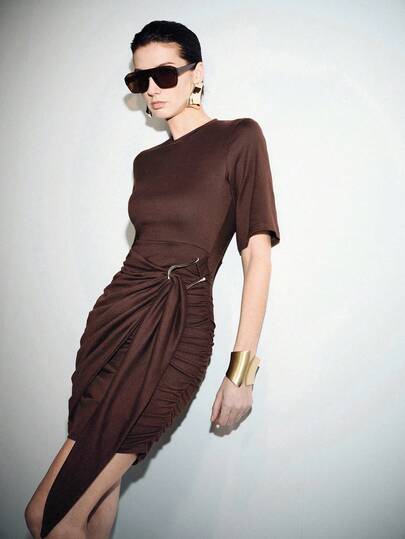 Lumivelle Women's Spring/Summer Fashion Commuter Casual Mid-Sleeve Ruched Metal Decor Short Dress