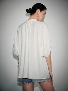 Lumivelle Women's Casual Fringe Ribbon Decor Lantern Sleeve Loose Blouse, Spring/Summer - White - View 2