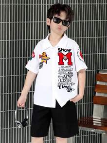 1件装男童夏季新款休闲短袖衬衫，美式街头风白色轻薄宽松骷髅字母印花，经典领型，日常休闲街头服饰，卡通时尚，夏季必备童装 - 白色 - 查看 8