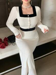 DAZY Elegant,Black And White,Office,Autumn Textured Lace Dress,Metal Buckle Decor Fitted Waist Long Sleeve Midi Dress For Women,Formal Wedding Party Wear - Beige - View 10