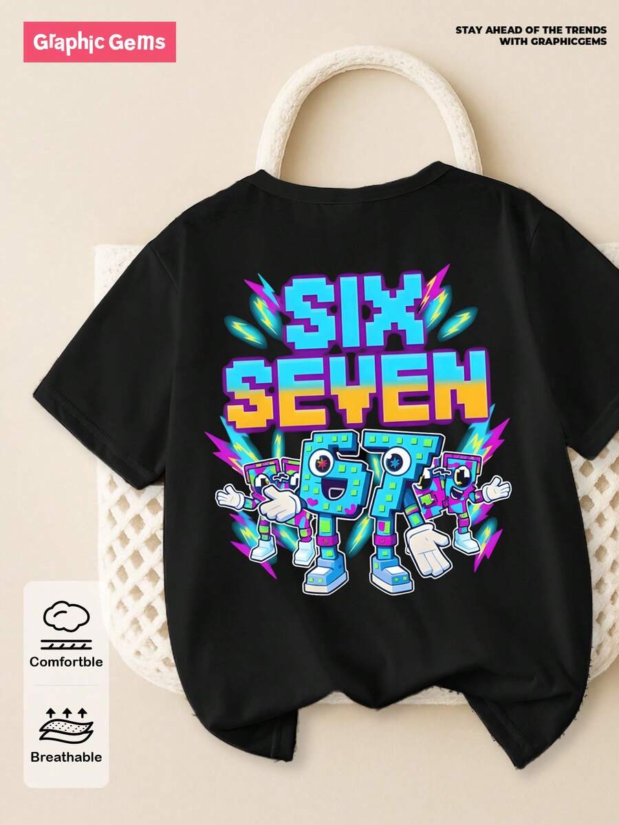 SHEIN 男童休闲时尚创意个性清新高端简约积木数字67卡通人物闪电标语印花舒适基础款短袖T恤,适合春、夏、秋季穿着。 - 黑色 - 查看 1