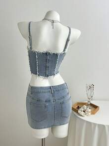 Elamini 女士毛边吊带上衣和迷你裙牛仔套装 - 淺色水洗藍 - 查看 2