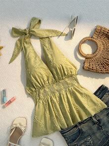 Sunnyshic 女士夏季绿色刺绣3D花卉吊带露腰衬衫 - 薄荷綠 - 查看 4