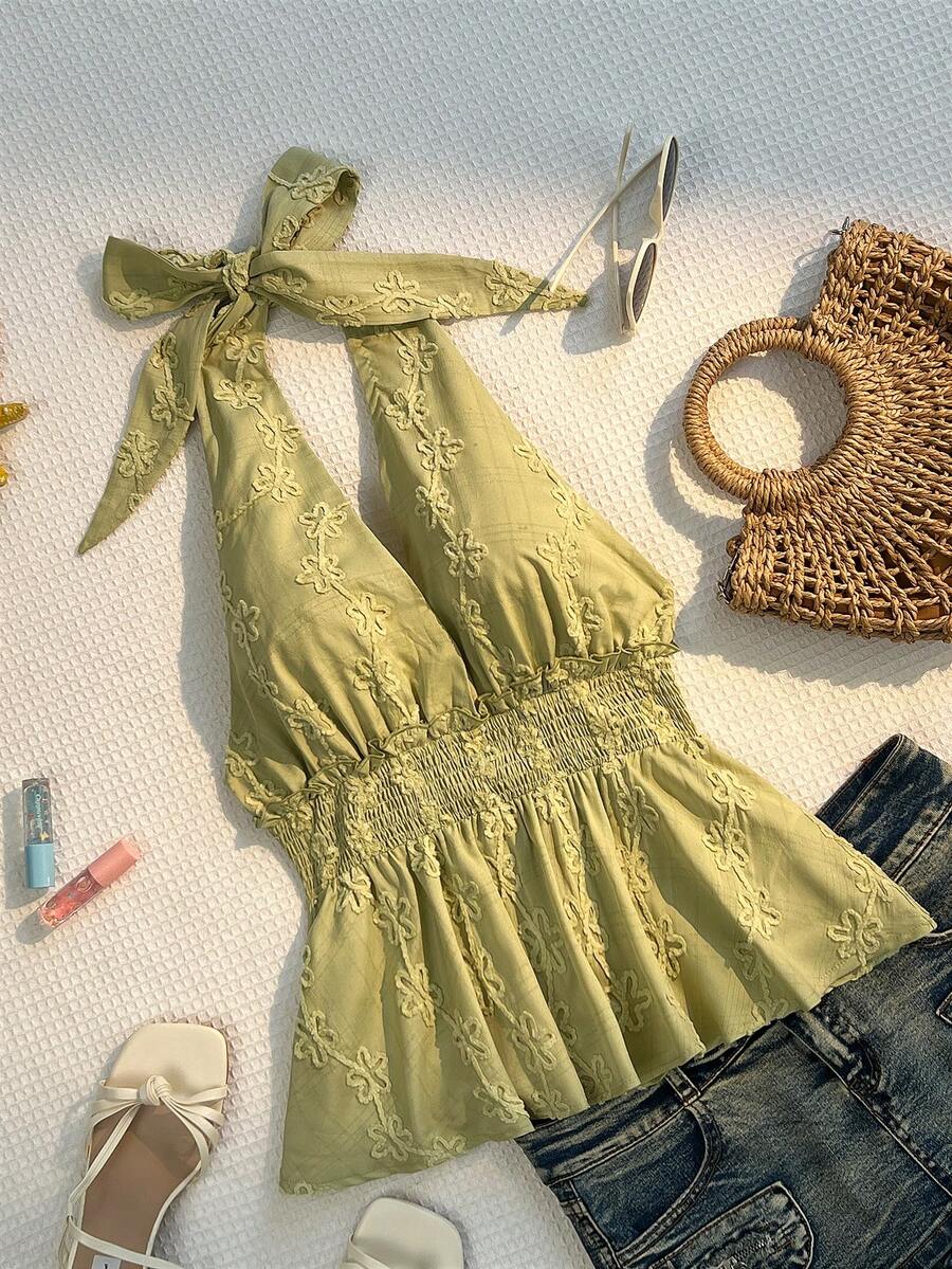 Sunnyshic 女士夏季绿色刺绣3D花卉吊带露腰衬衫 - 薄荷綠 - 查看 1