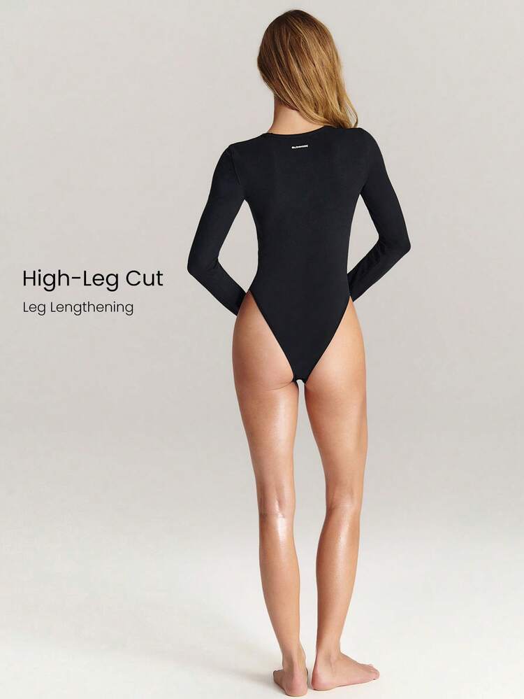FeatherFit™ 슬림한 긴팔 무패드 엄지 구멍 스냅 클로저 크루넥 바디수트 저충격 요가 필라테스 스튜디오 짐 데일리 액티브웨어